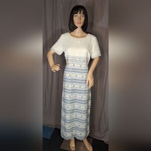 Sarah Elizabeth Cream and Blue Patterned Midi Dress